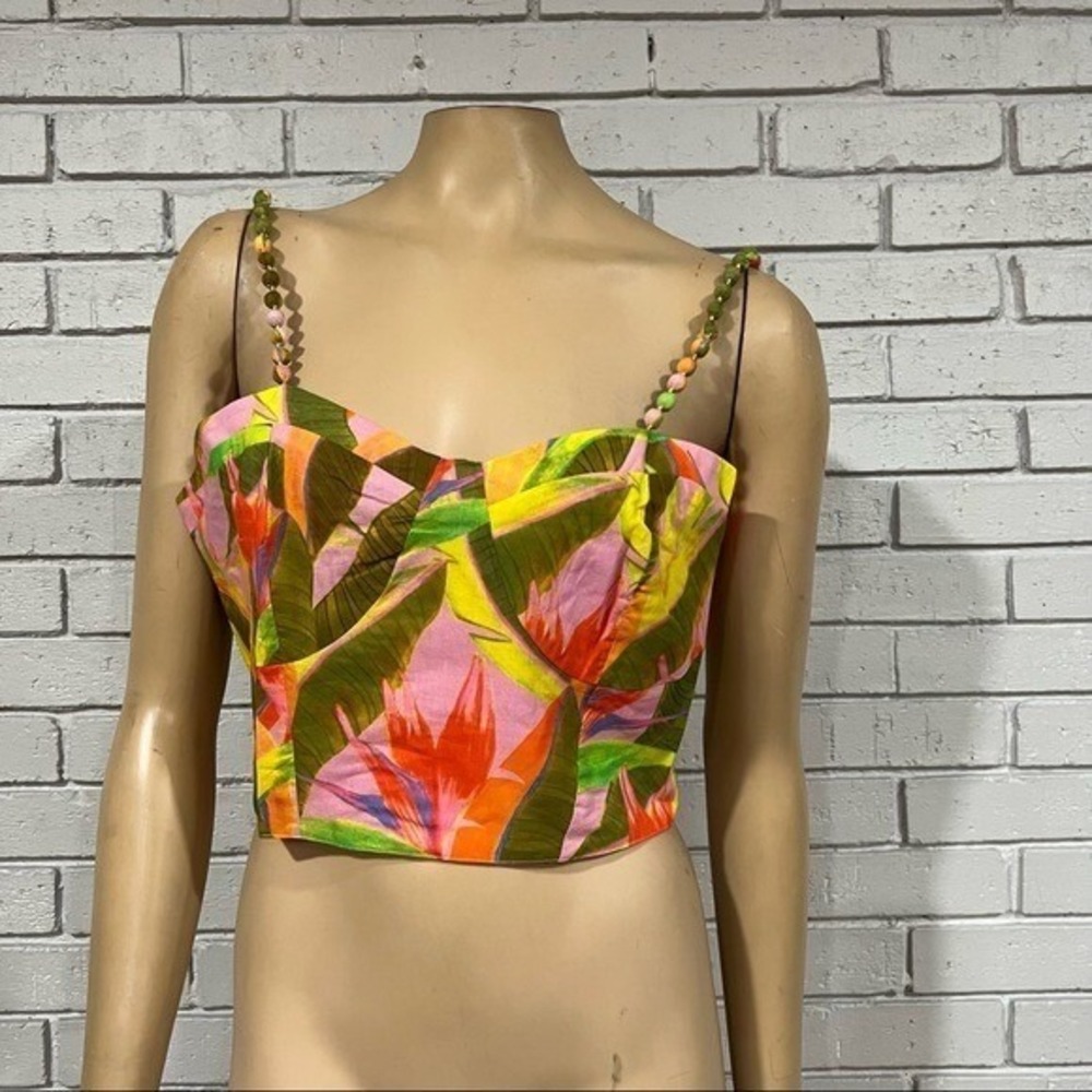 Farm Rio for Anthropologie Tropical Beaded Strap Bustier Crop Top Pink Green | M - Picture 4 of 10